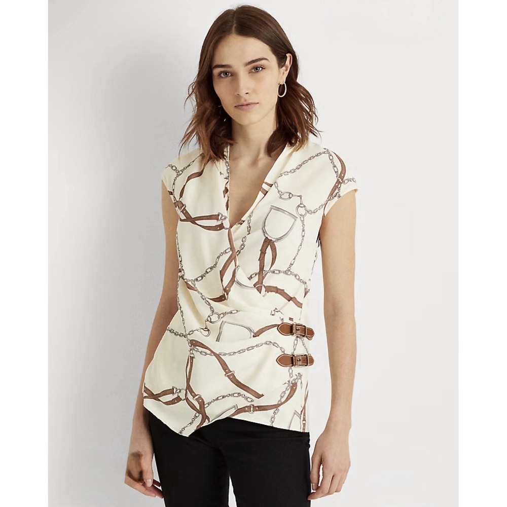 Lauren Ralph Lauren Equestrian Print Wrap Blouse Top Buckle Trim Cream Size 8